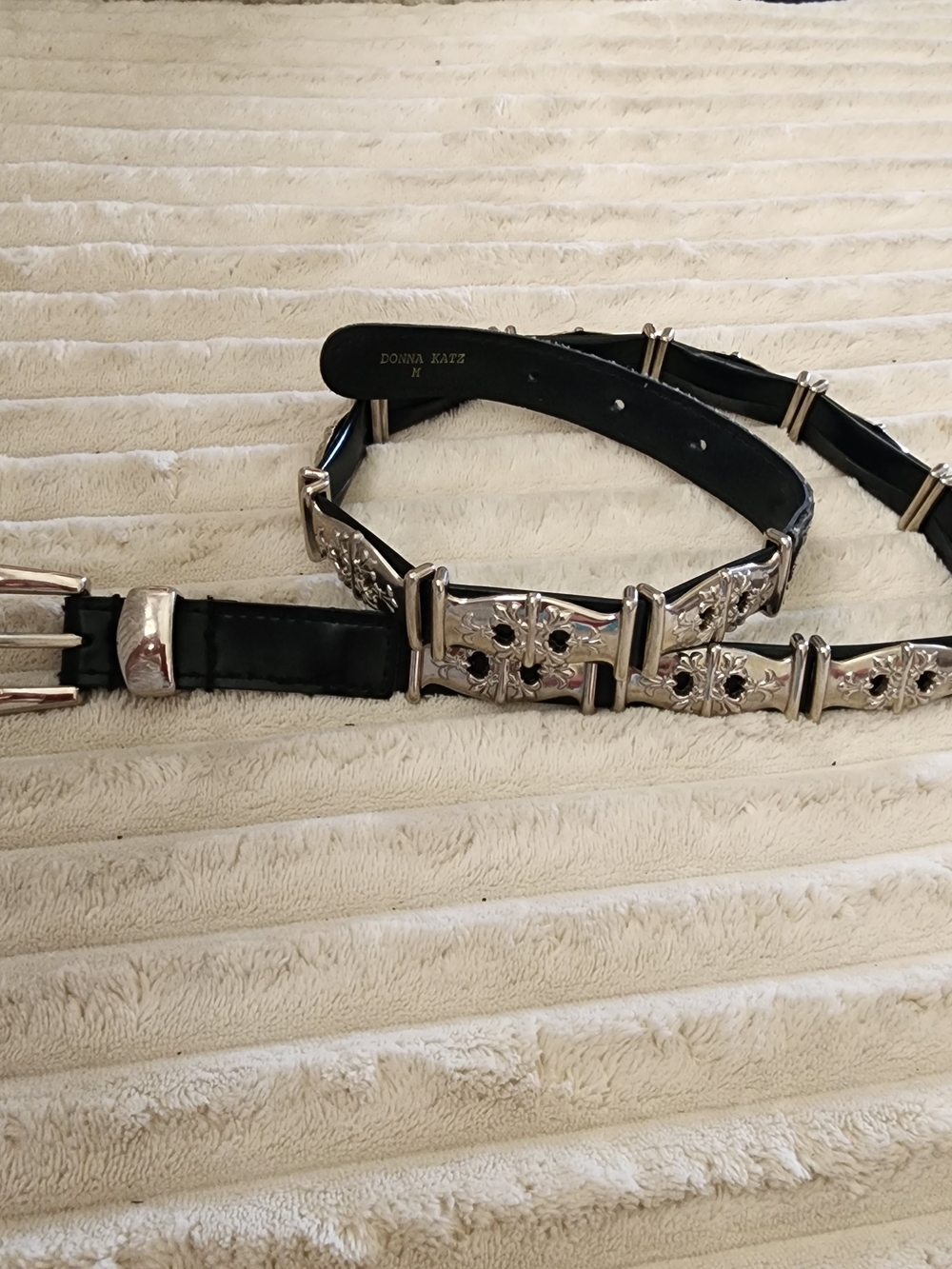 Donna Katz Black Leather Belt with Silver Floral Conchos